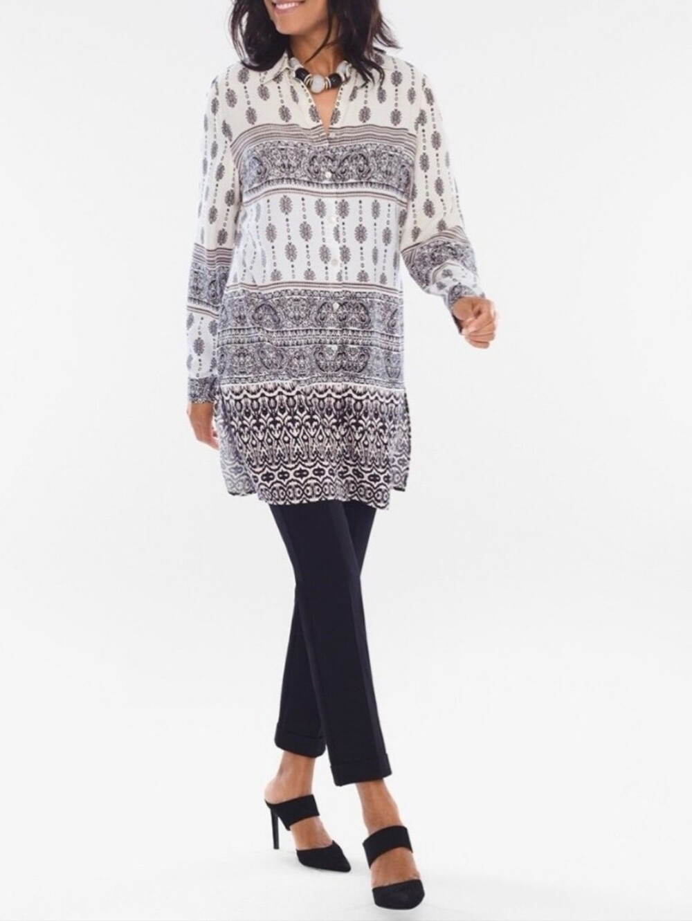 Chicos 2 Damask Abalone Shell Button Tunic Long Sleeve Women’s Top L Bohemian